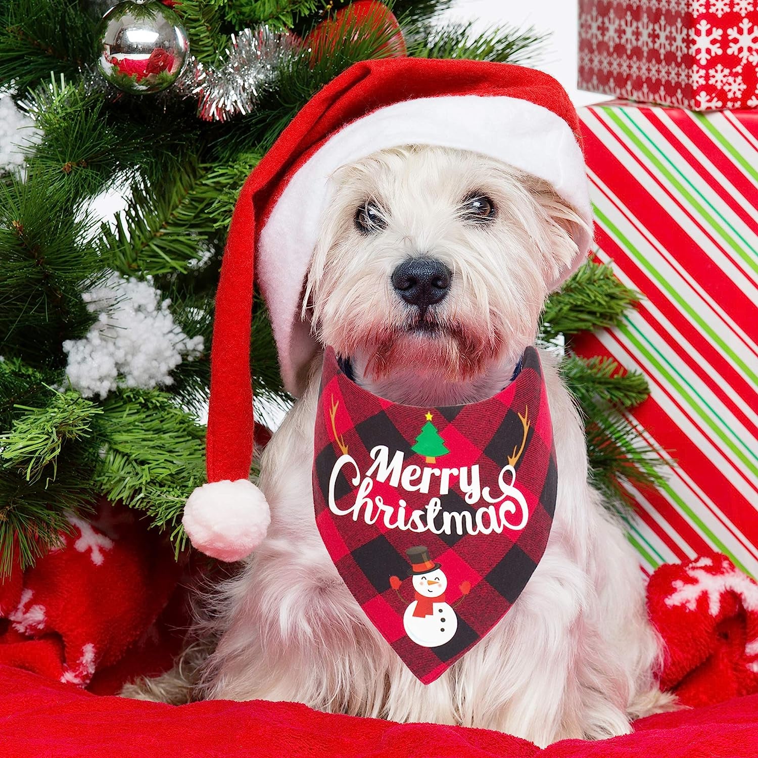 2 Pack Dog Bandana Christmas Classic Plaid Pet Scarf Triangle Bibs Kerchief Merry Christmas Red Santa Snowman Bandana for Medium Large Dogs Pets (Large)